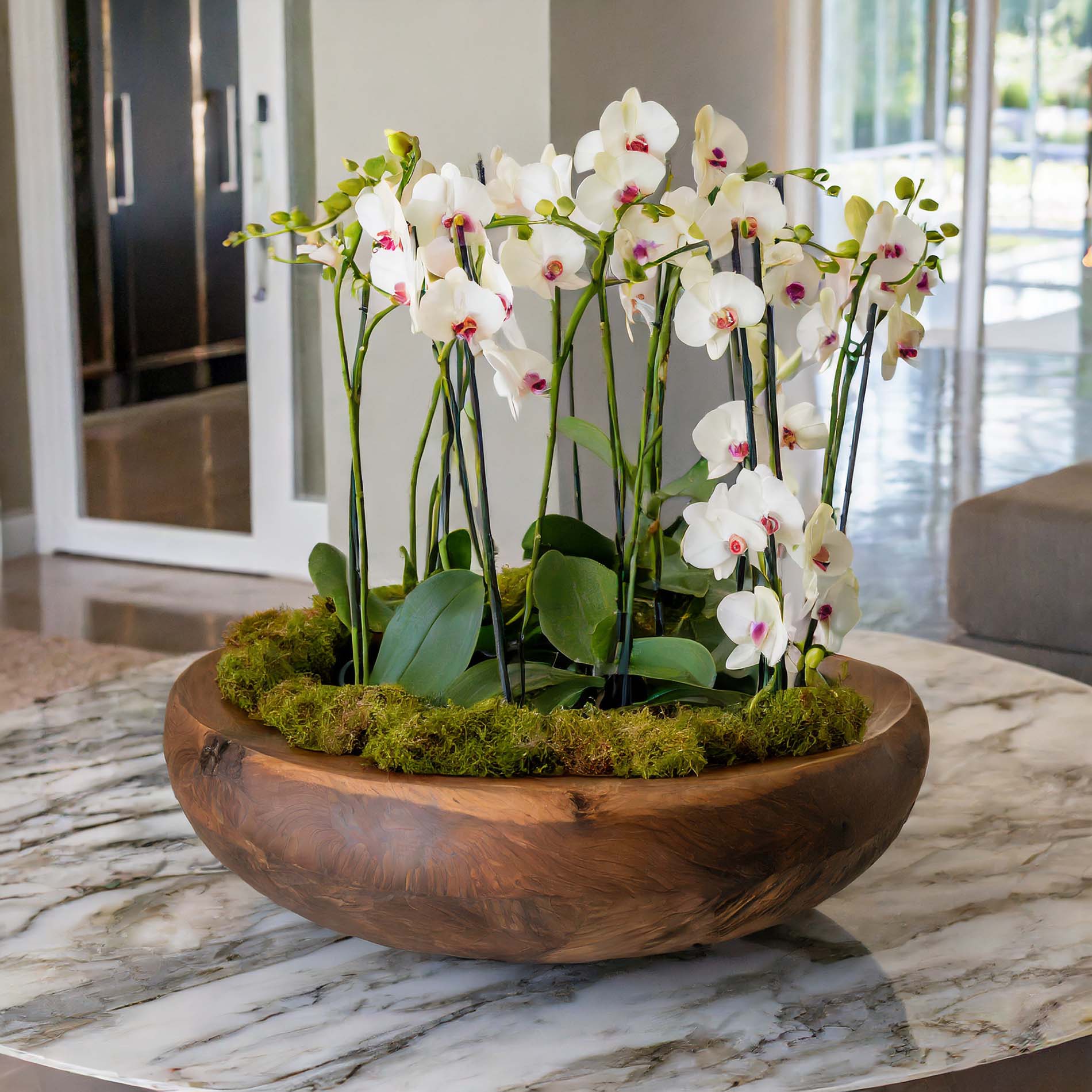 Round wooden dough bowl filled with white orchids and moss on marble table.