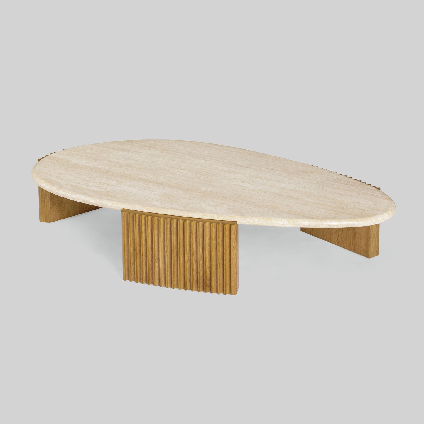 Contemporary light oak coffee table with marble top and wooden fluted base on a gray background.