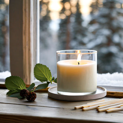 Scented soy candle on window sill, mint leaf, matches, snowy aspens trees in the background.