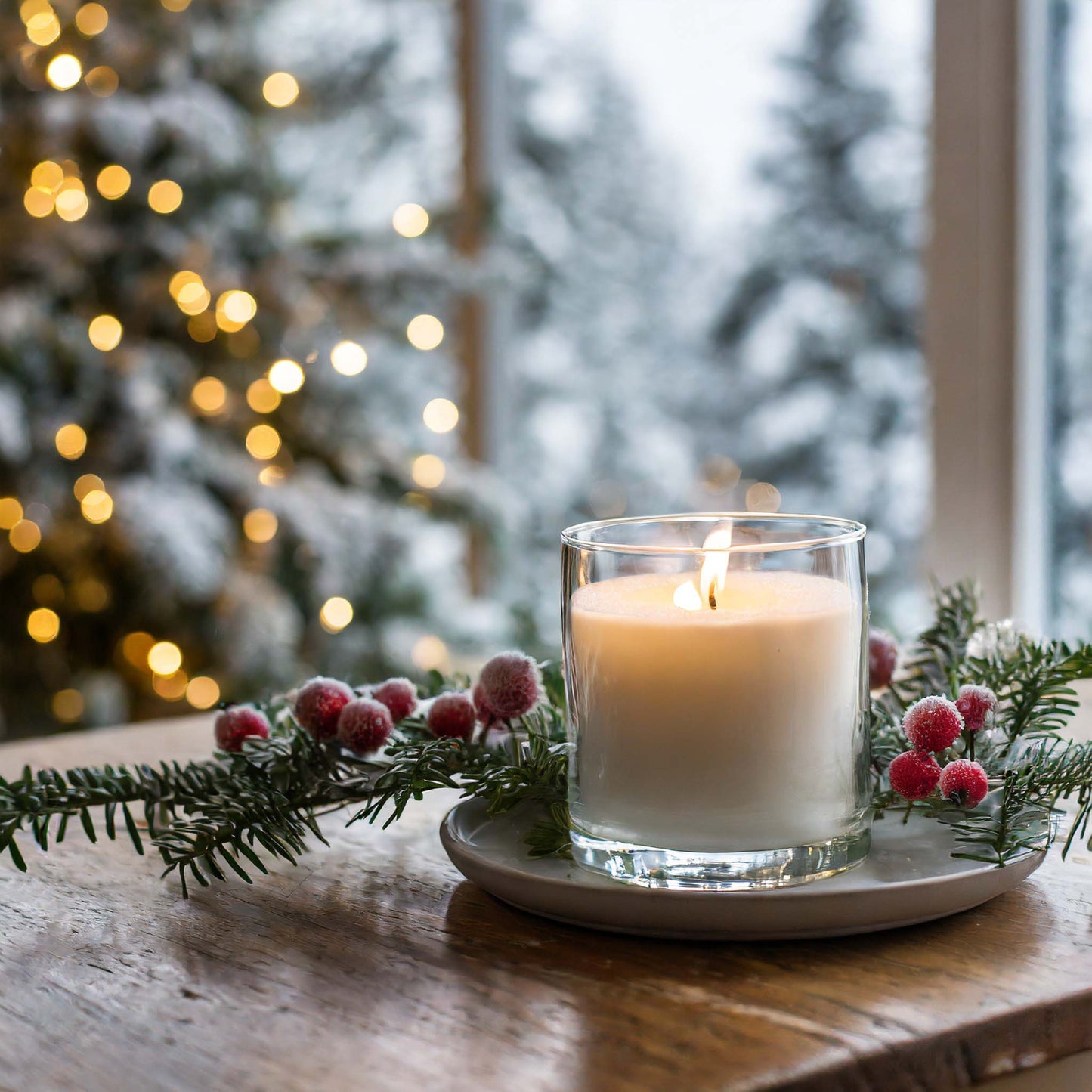 Scented soy holiday candle on table with berry branch, Christmas tree, and snowcapped Aspen trees.