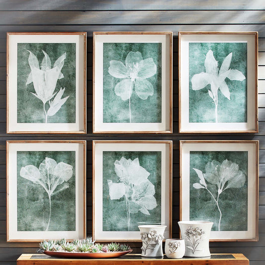 Sheer floral gallery wall art set on shiplap wall above console table with tray of succulents and vases.