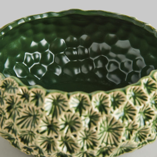 Small green floral embossed reactive glaze stoneware bowl - stylish home accent (Image2).