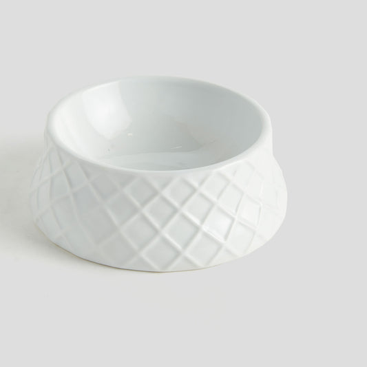 Small white handcrafted porcelain trellis pet bowl - stylish home accent (Image2).
