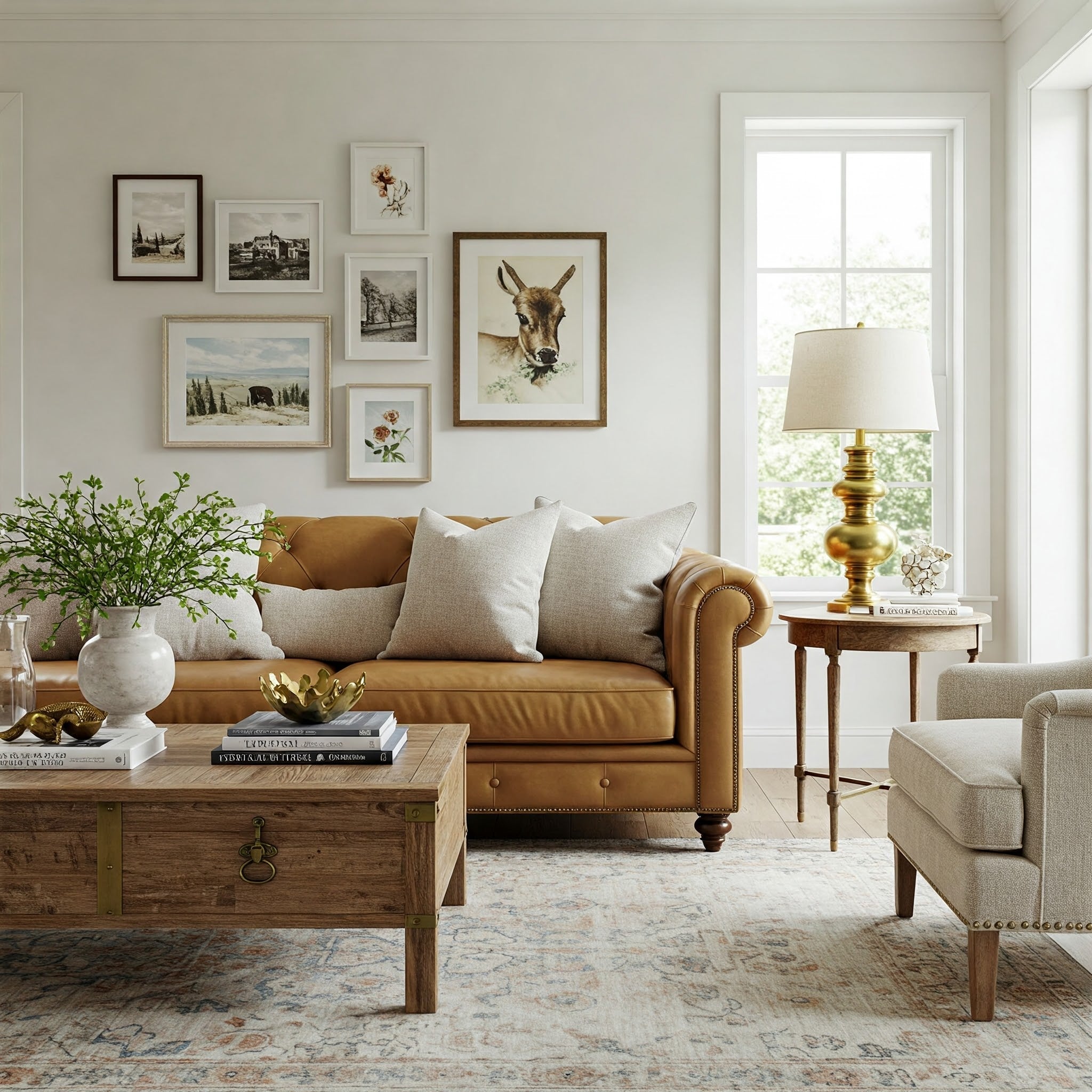 Stylized living room with leather sofa, stylized coffee table, and artwork gallery wall.