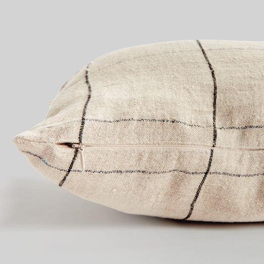 Tan and brown windowpane linen lumbar pillow - stylish home accent (Image2).