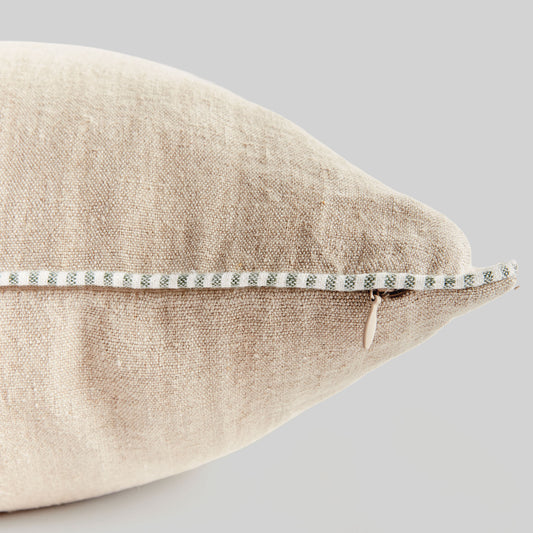 Tan with blue piping 24 inch linen pillow - stylish home accent (Image2).