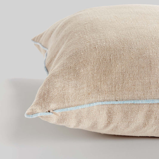 Tan with blue piping 24 inch linen pillow - stylish home accent (Image2).