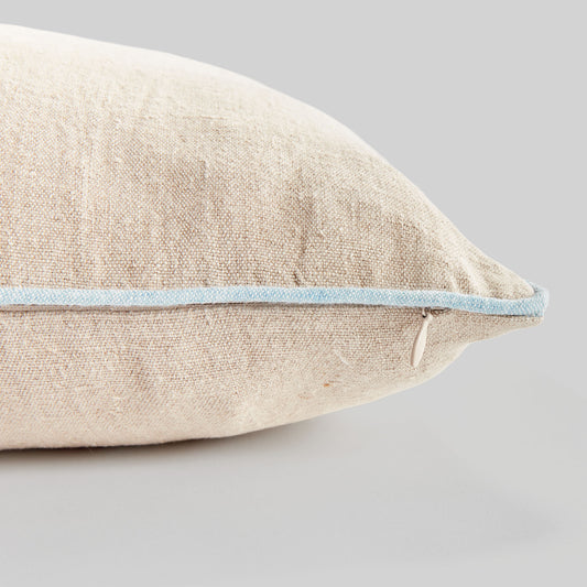 Tan with blue piping lumbar linen pillow - stylish home accent (Image2).