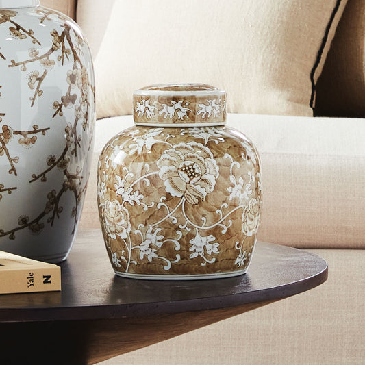 Taupe chinoiserie ceramic lidded jar - stylish home accent (Image1).