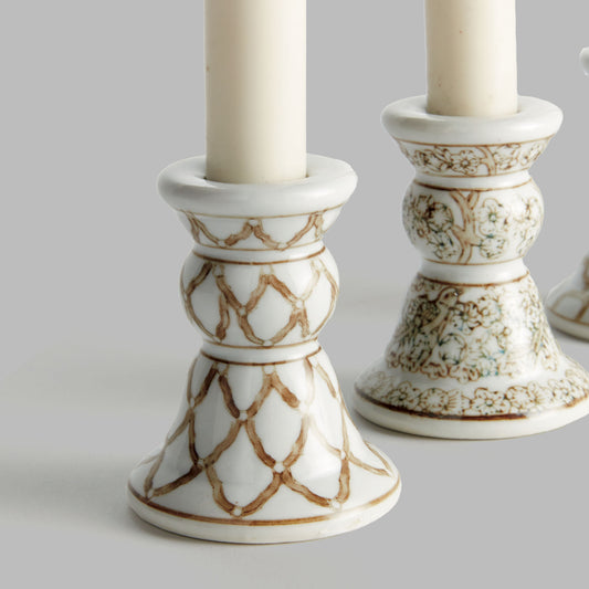 Taupe chinoiserie ceramic mini taper holders (set of 4) - stylish home accent (Image1).