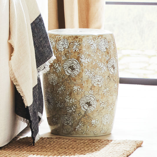 Taupe chinoiserie ceramic stool - stylish home accent (Image1).