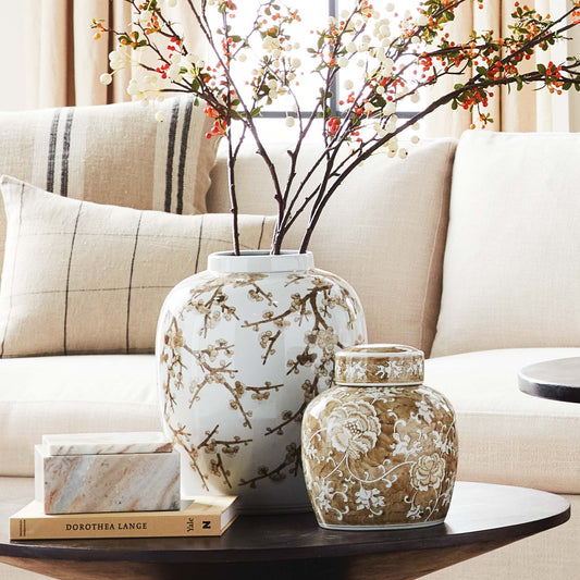 Taupe chinoiserie lidded ginger jar - stylish home accent (Image1).