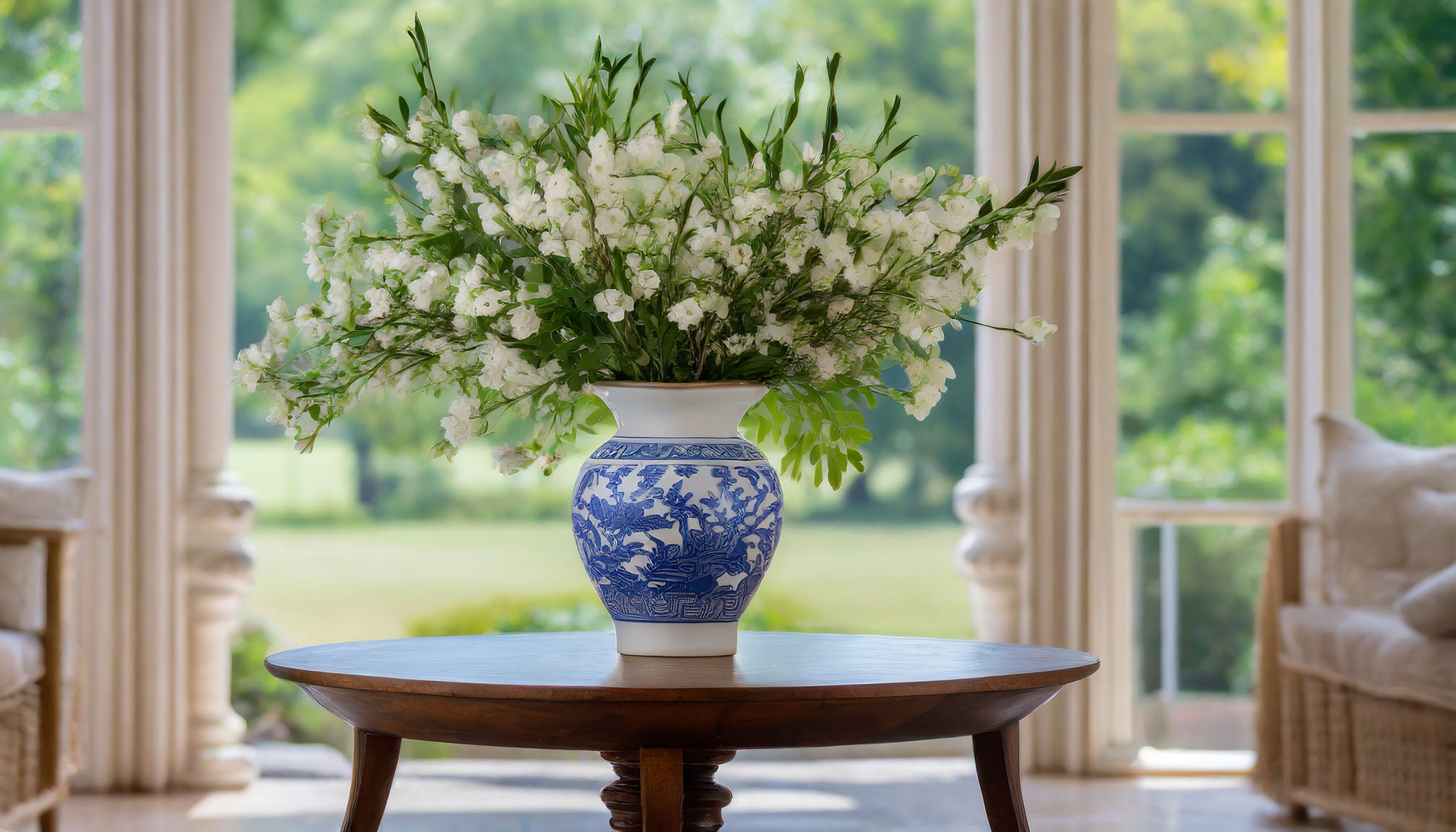 Transitional interior design style with Chinese blue and white porcelain vase filled with botanicals on pedestal table.
