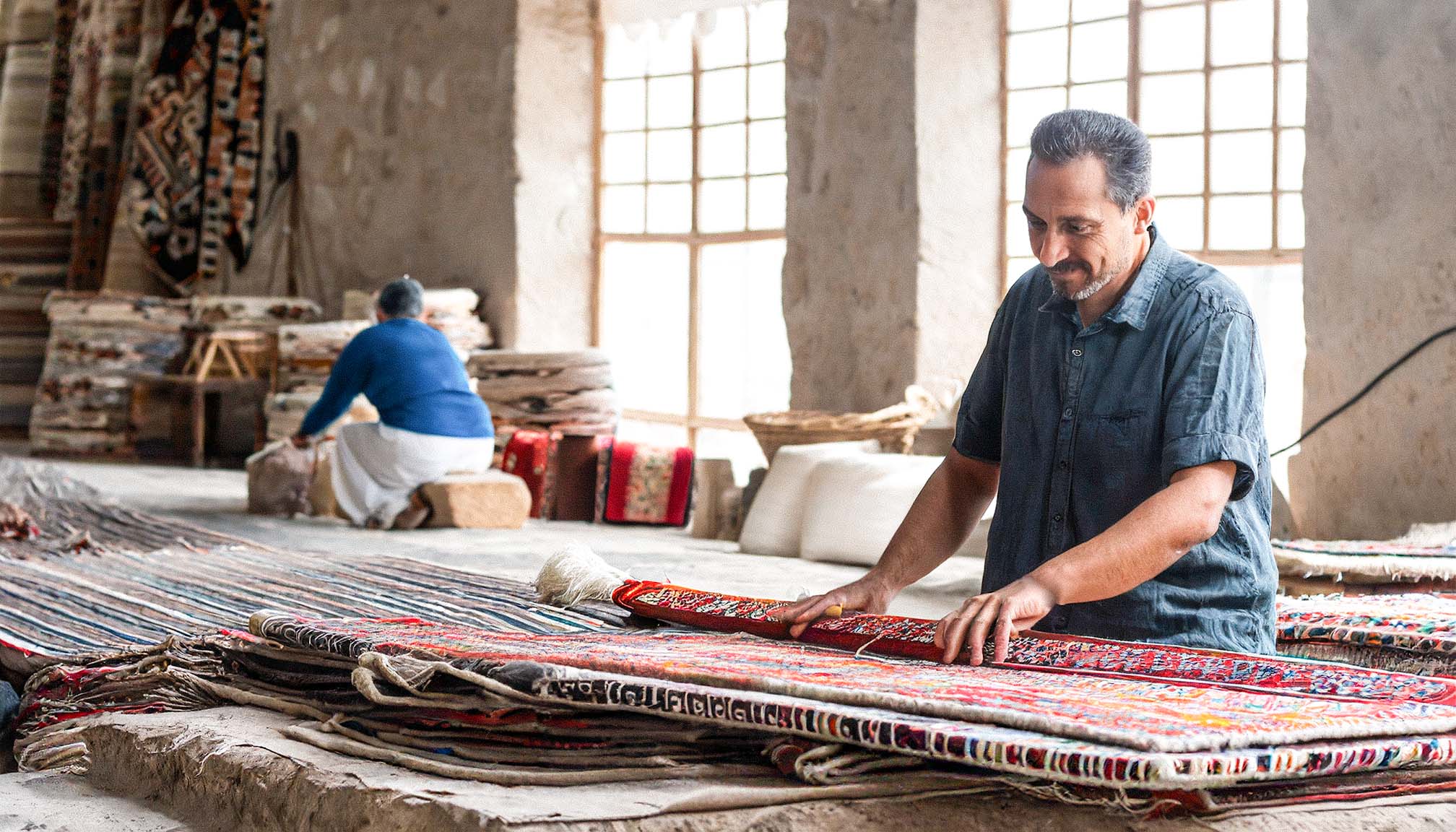 Turkish man and woman working Turkish textile factory.
