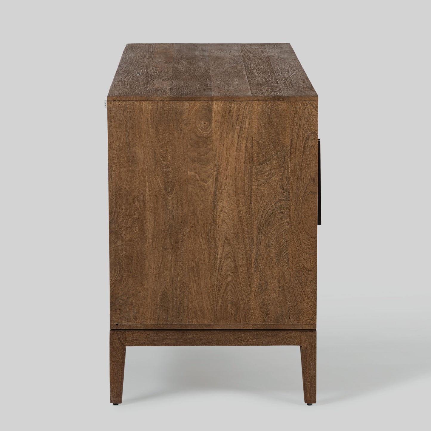 Wood sideboard with geometric pattern on a gray background.