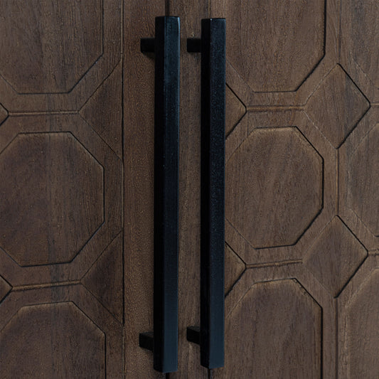 Wood sideboard with geometric pattern on a gray background.