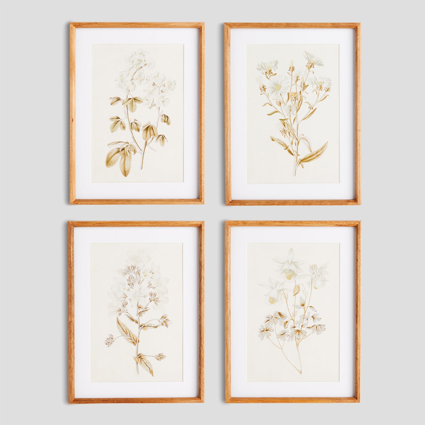 White flowers gallery wall art set on gray wall.