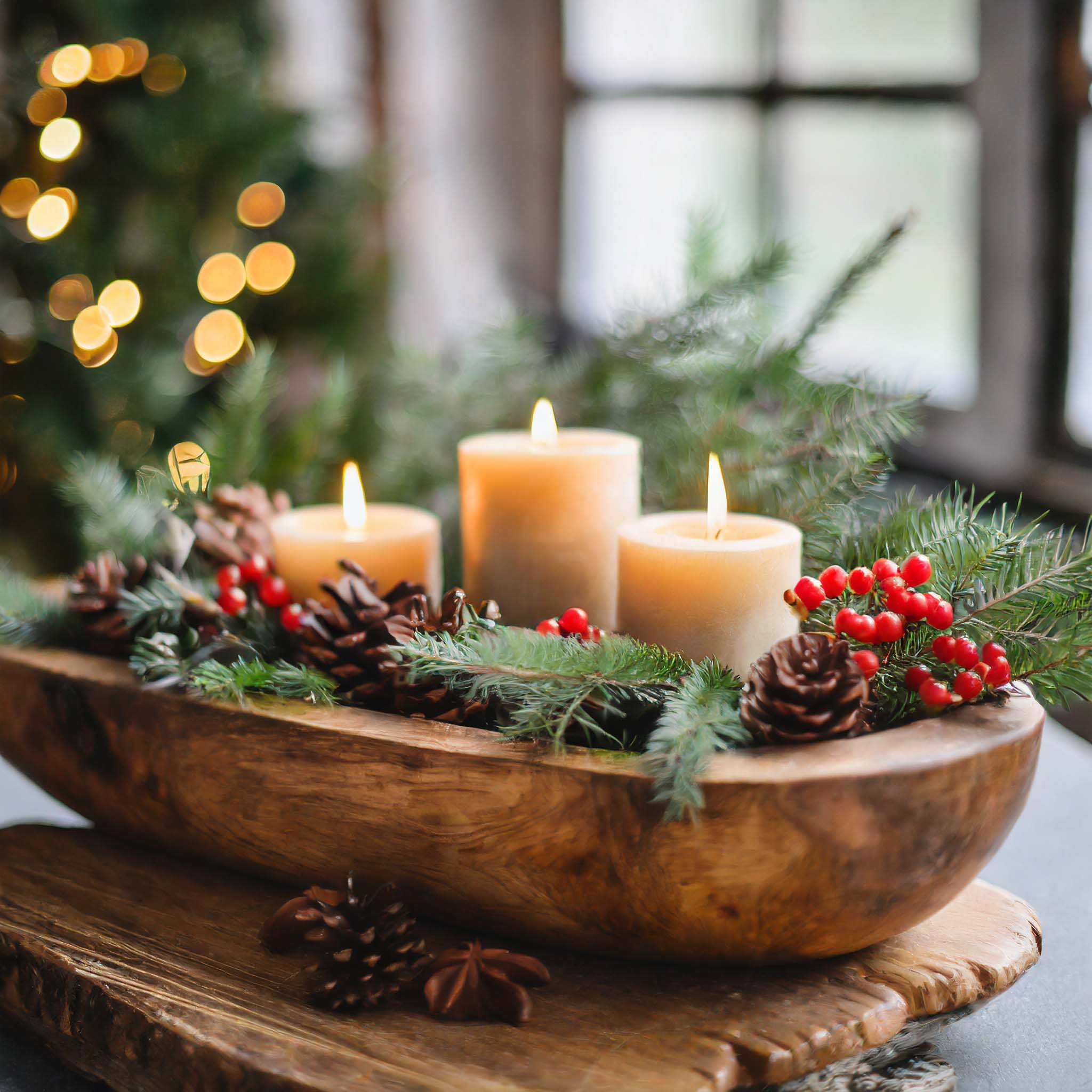 Wooden dough bowl filled with candles, berry sprays, pine cones, and pine tree cuttings.