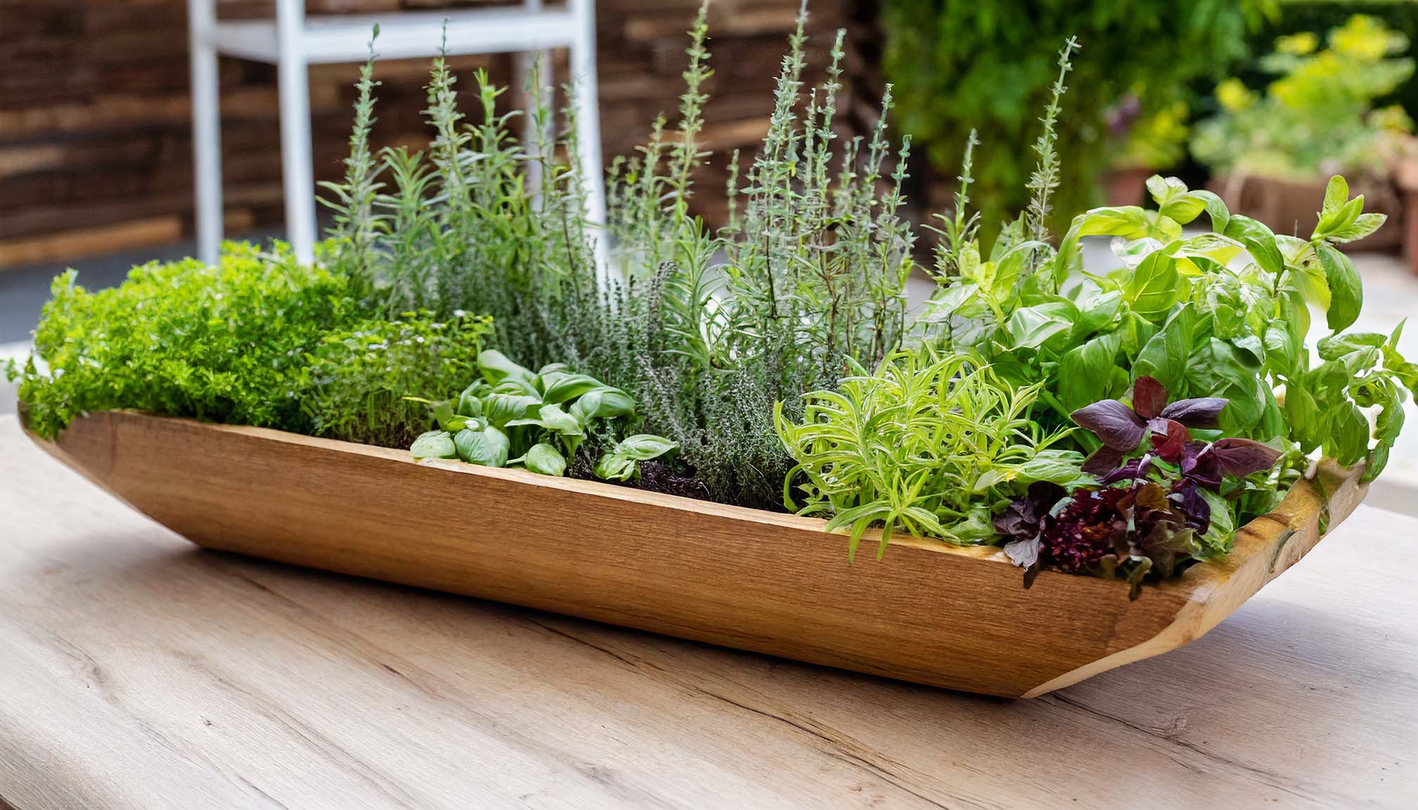 Wooden dough bowl filled with plants and herbs on outdoor wooden table.