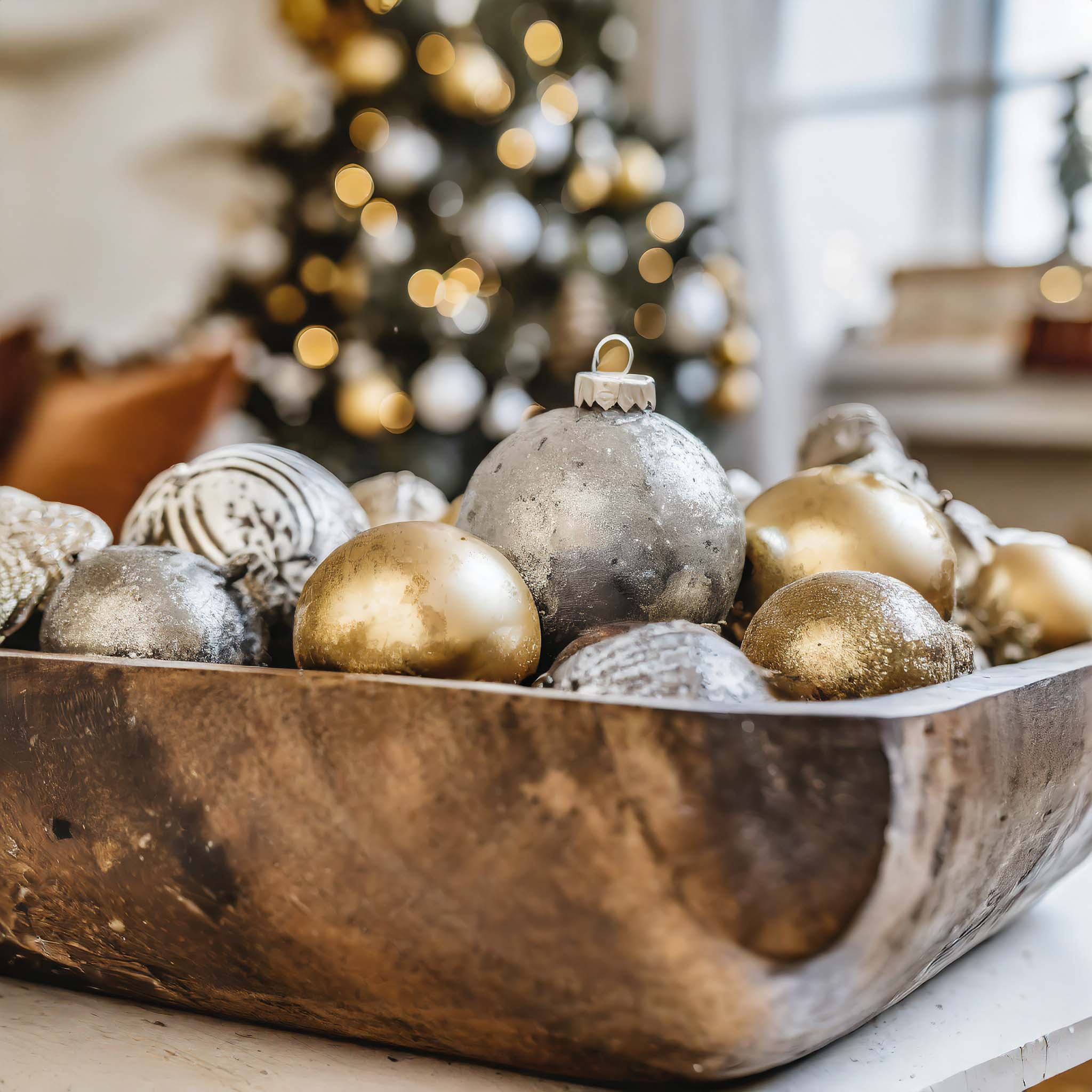 Wooden dough bowl filled with vintage silver and gold ornaments with Christmas tree in the background.