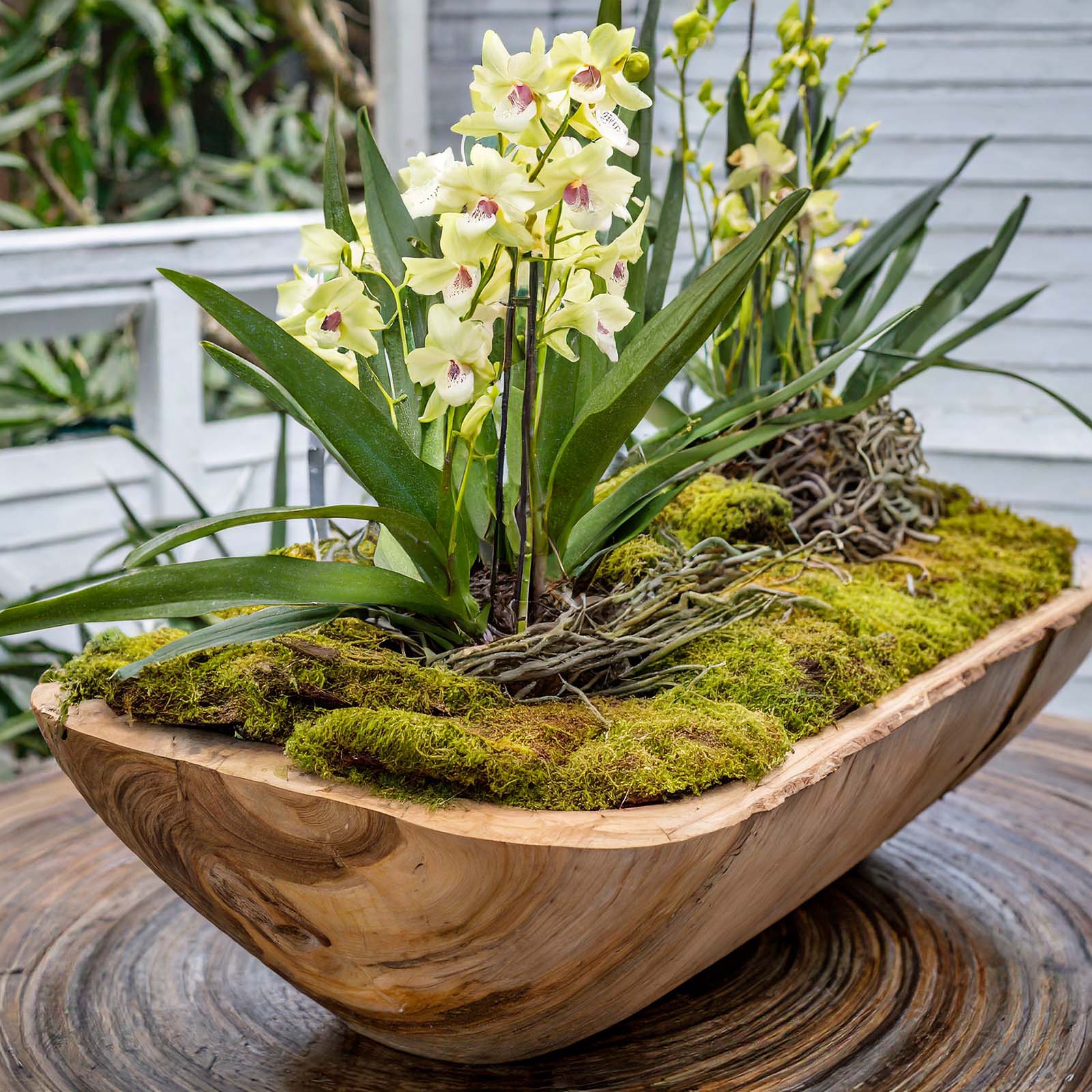 Wooden dough bowl filled with yellow orchids and moss on wooden table outdoors.
