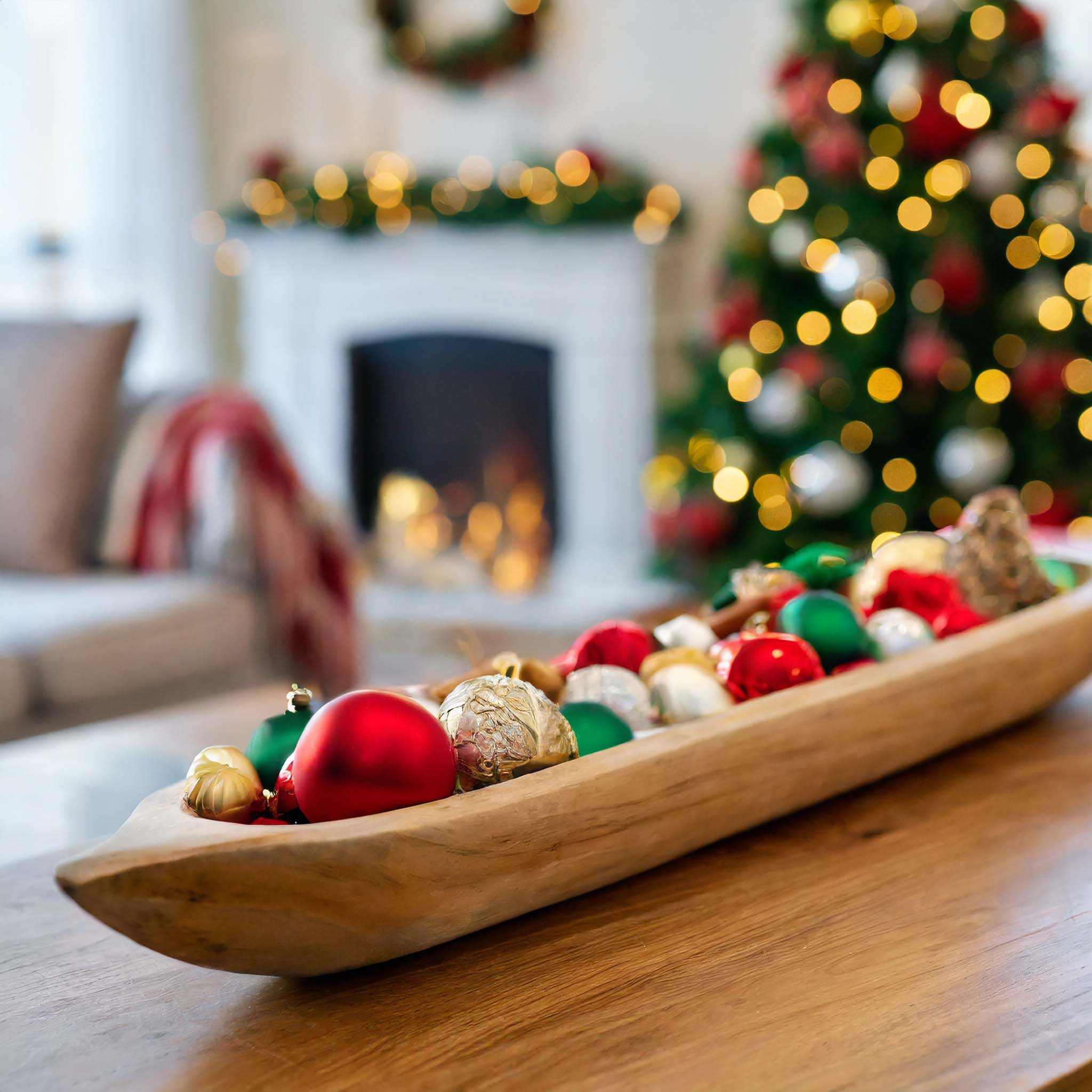 Long wooden dough bowl filled with bright colored Christmas ornaments with Christmas tree and fireplace in the background.