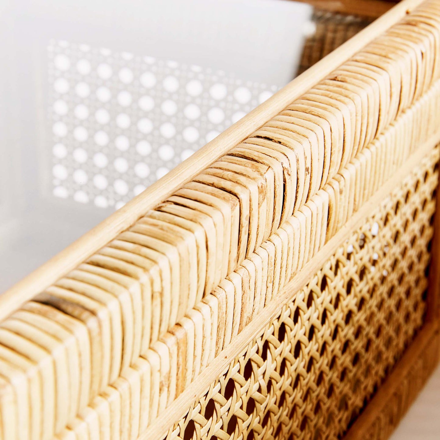 Woven rattan boxes, set of 2, closeup view of box lid.