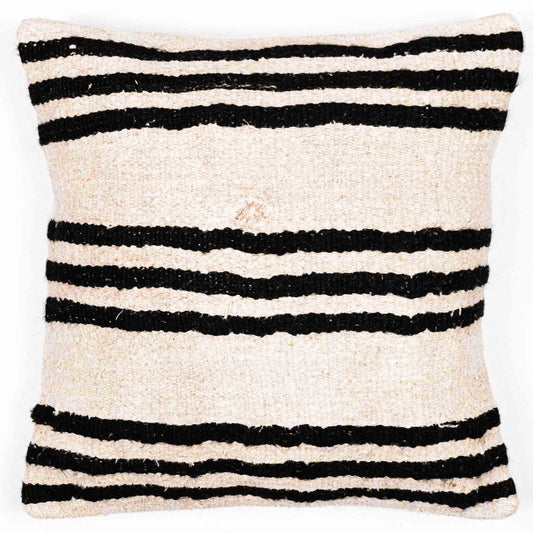 Handwoven Turkish kilim sisal pillow cover in light wheat with espresso stripes.