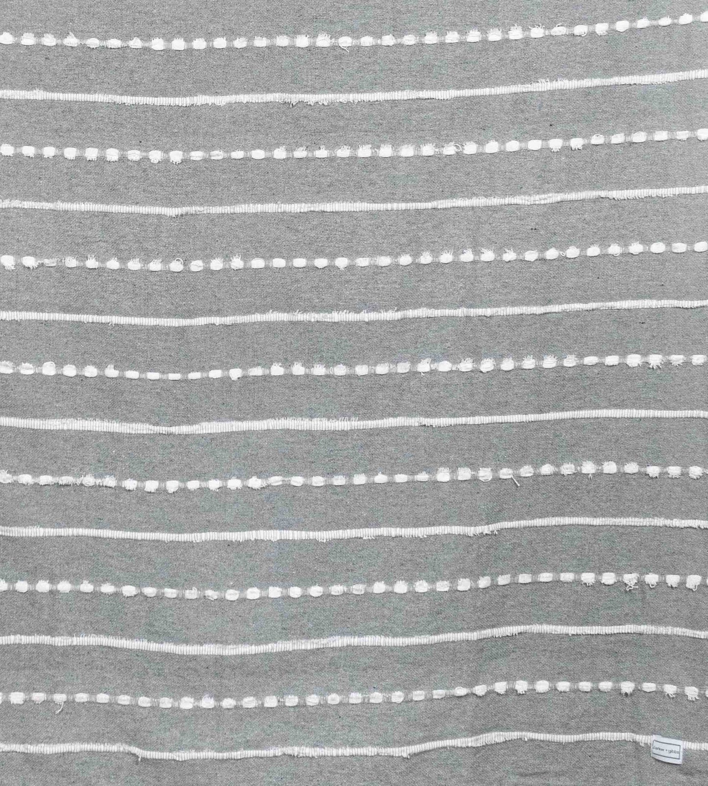 Cotton throw blanket with gray stitching and white tufted stitched stripes