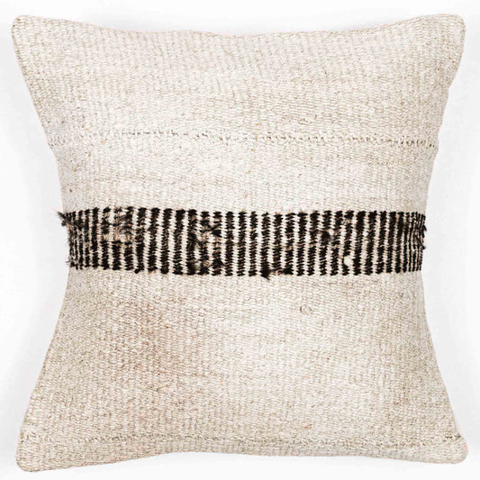 Handwoven Turkish kilim sisal pillow cover in sand with brown ticked bar stripe.