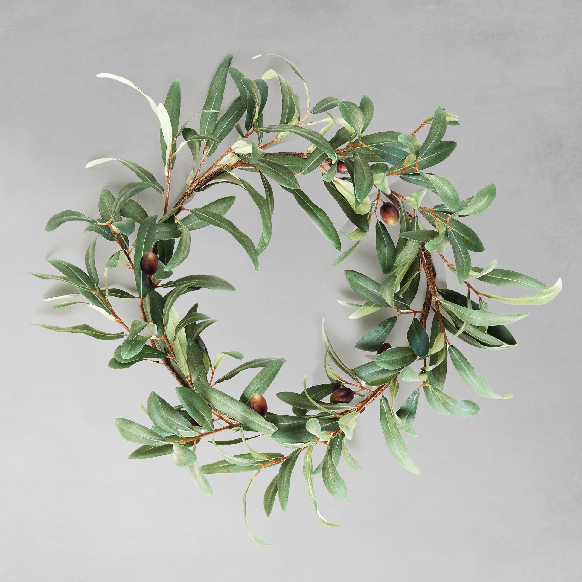 16" faux olive wreath with gray background.