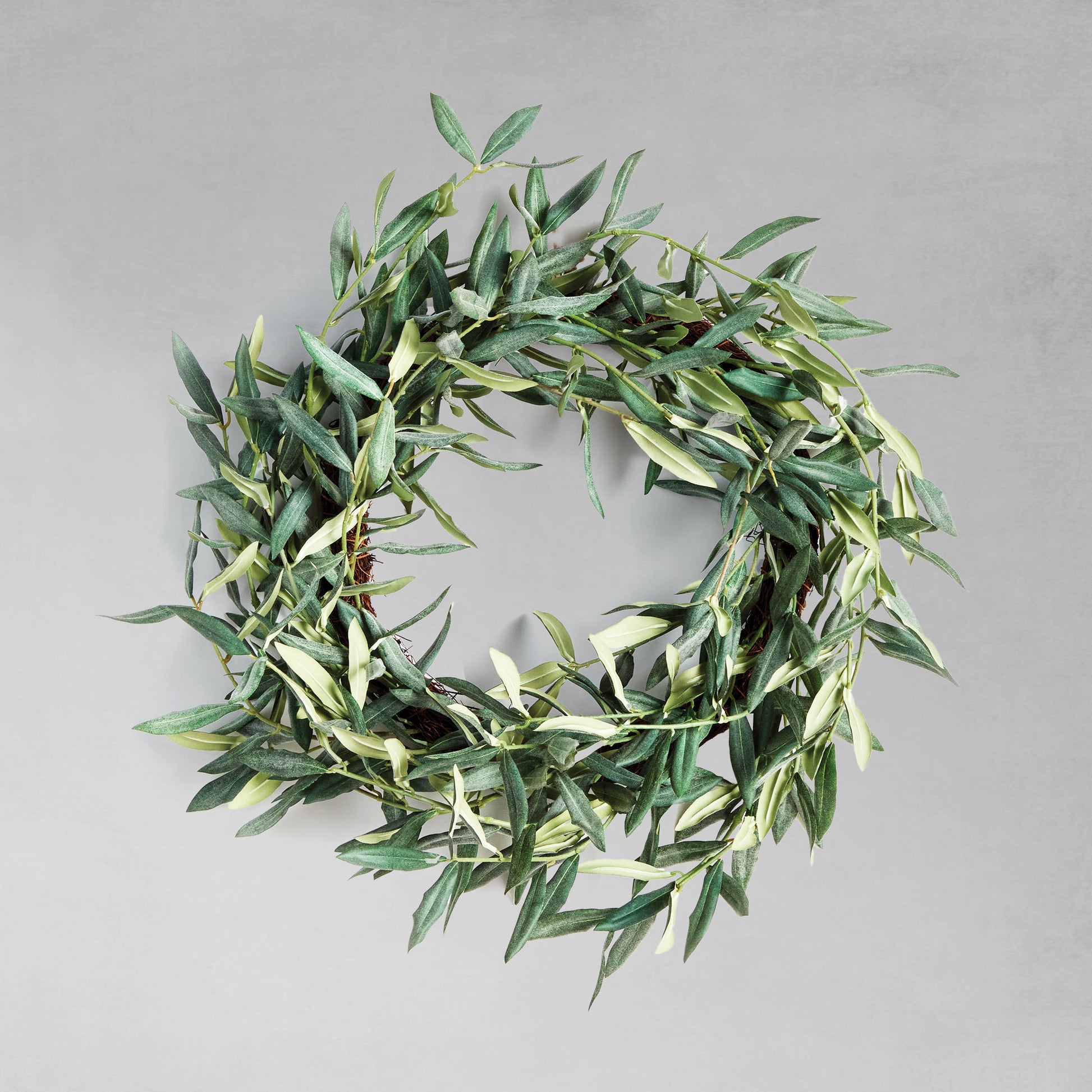 22" faux olive wreath with gray background.