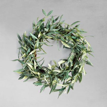 22" faux olive wreath with gray background.