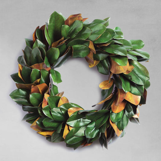 24" faux magnolia leaf wreath with gray background.