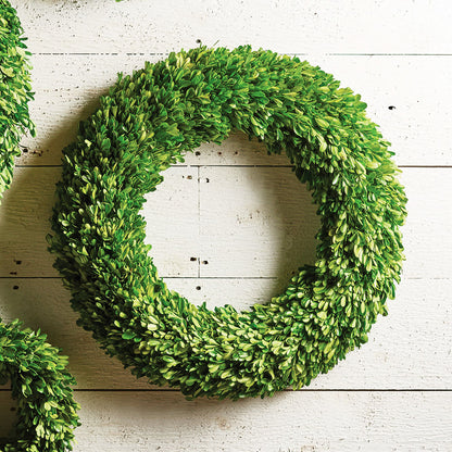 24" round preserved boxwood wreath on shiplap wall.