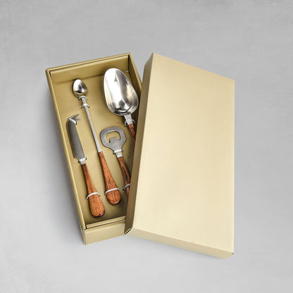 Barware tools set in stainless steel and acacia wood with box with gray background.