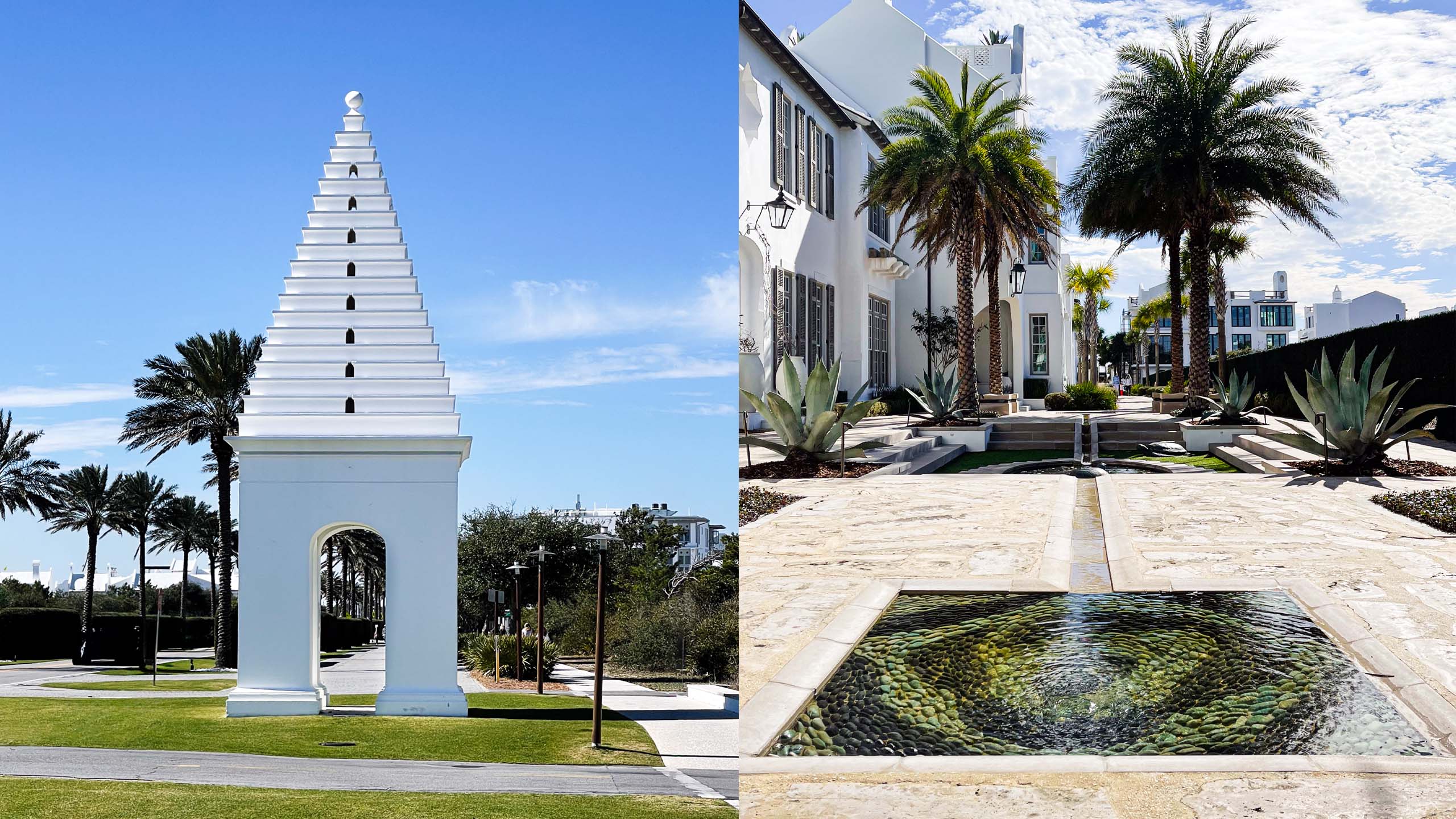 Bermudian architecture of buttery and fountain in Alys Beach, Florida.