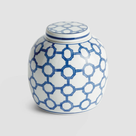 Blue and white link pattern lidded ceramic jar - stylish home accent (Image1).