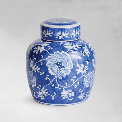 Blue and white lotus lidded jar 9 inch - stylish home accent (Image1).