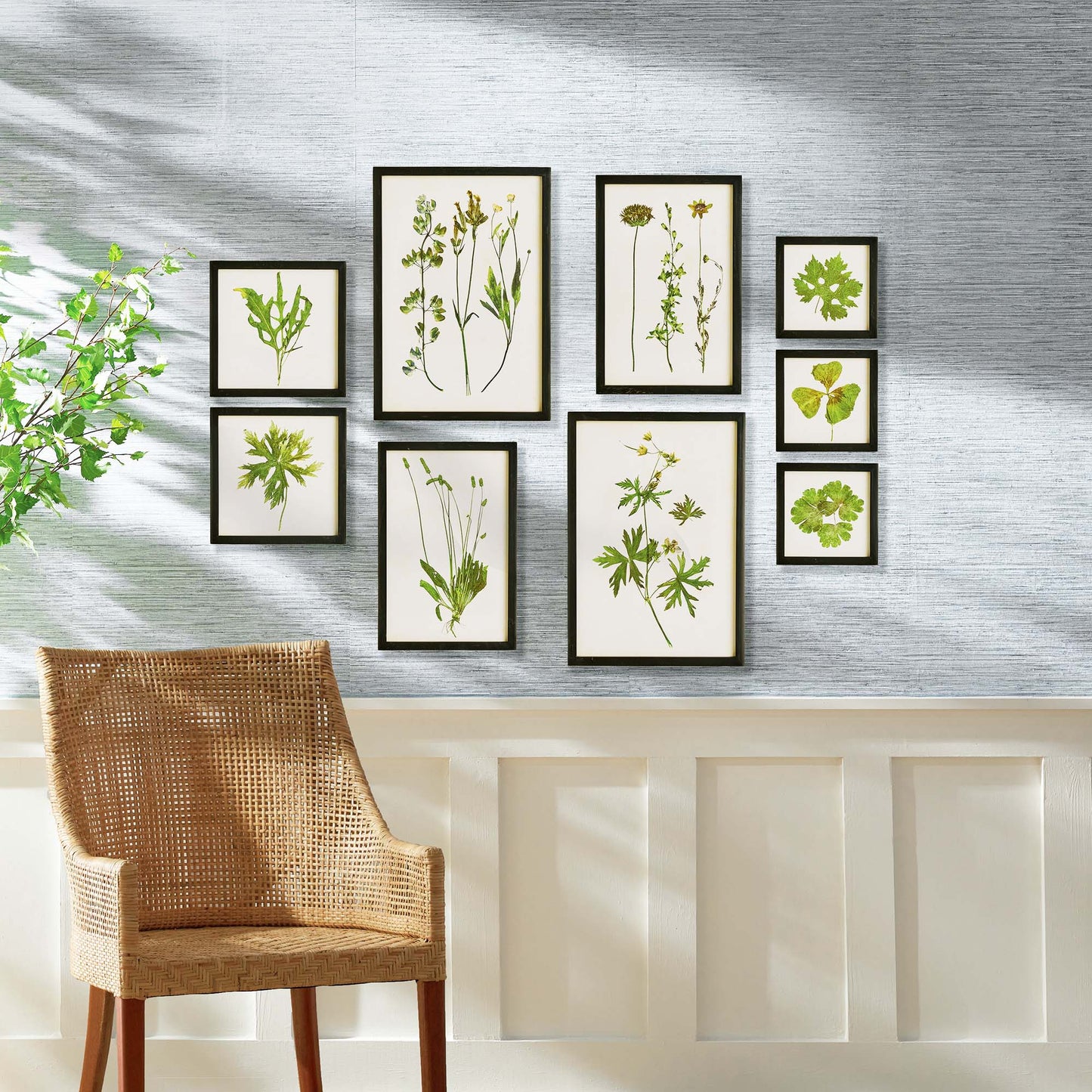 Botanicals gallery wall art set stylized with panels wall, textured wallpaper, and rattan chair.