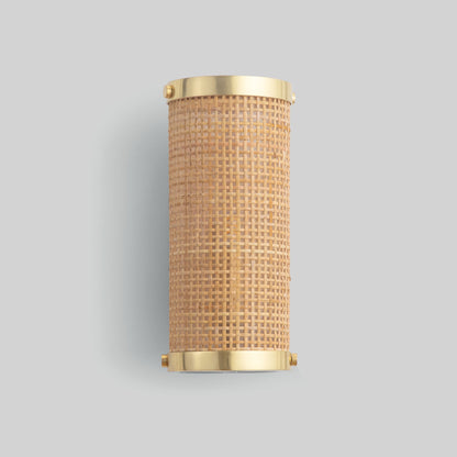 Wall-mounted light fixture with gold trim and textured glass on a gray background.