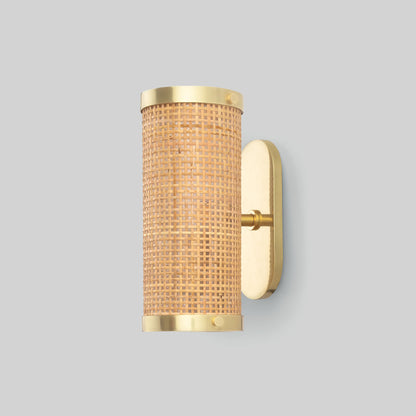 Wall-mounted light fixture with gold trim and textured glass on a gray background.