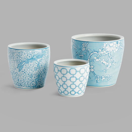 Chinoiserie blue hand-painted porcelain flower pots (set of 3) - stylish home accent (Image1).