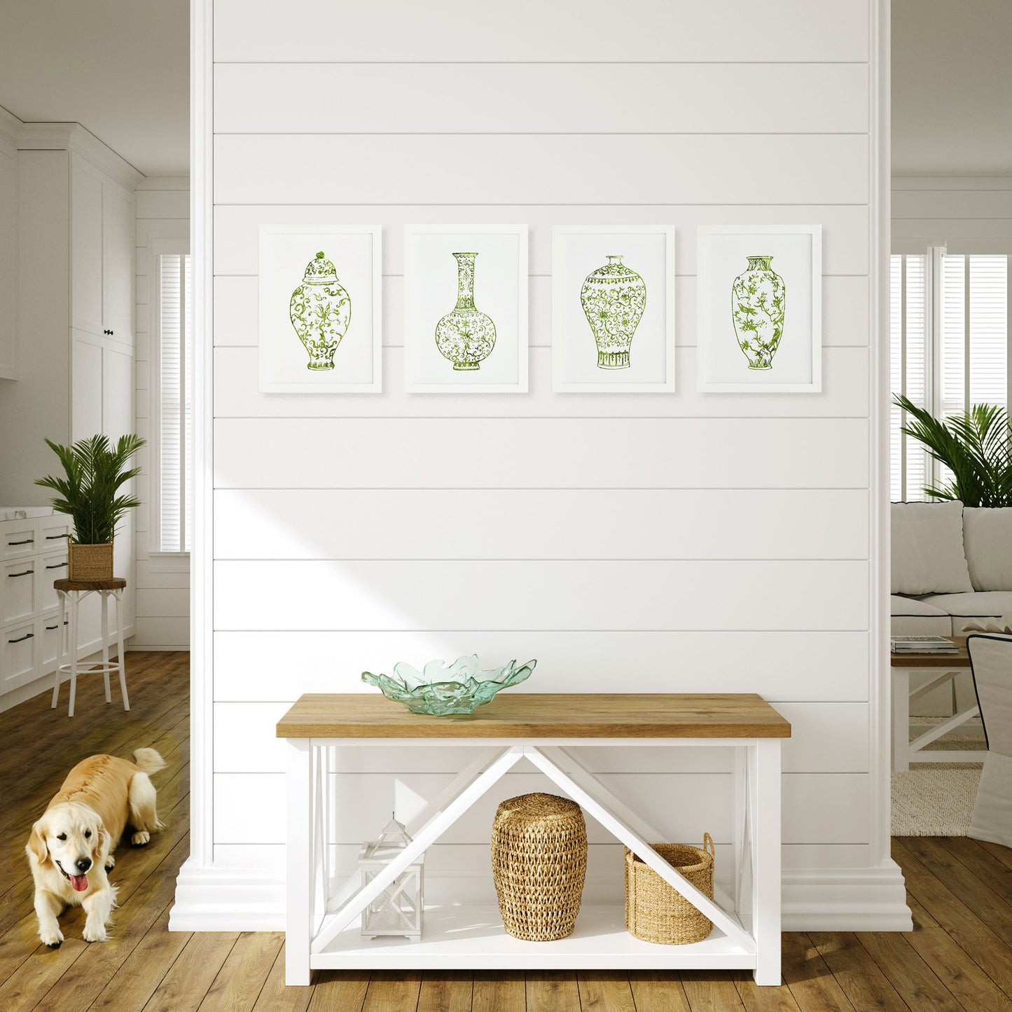 Chinoiserie green and white gallery wall art set stylized on shiplap wall in living room.