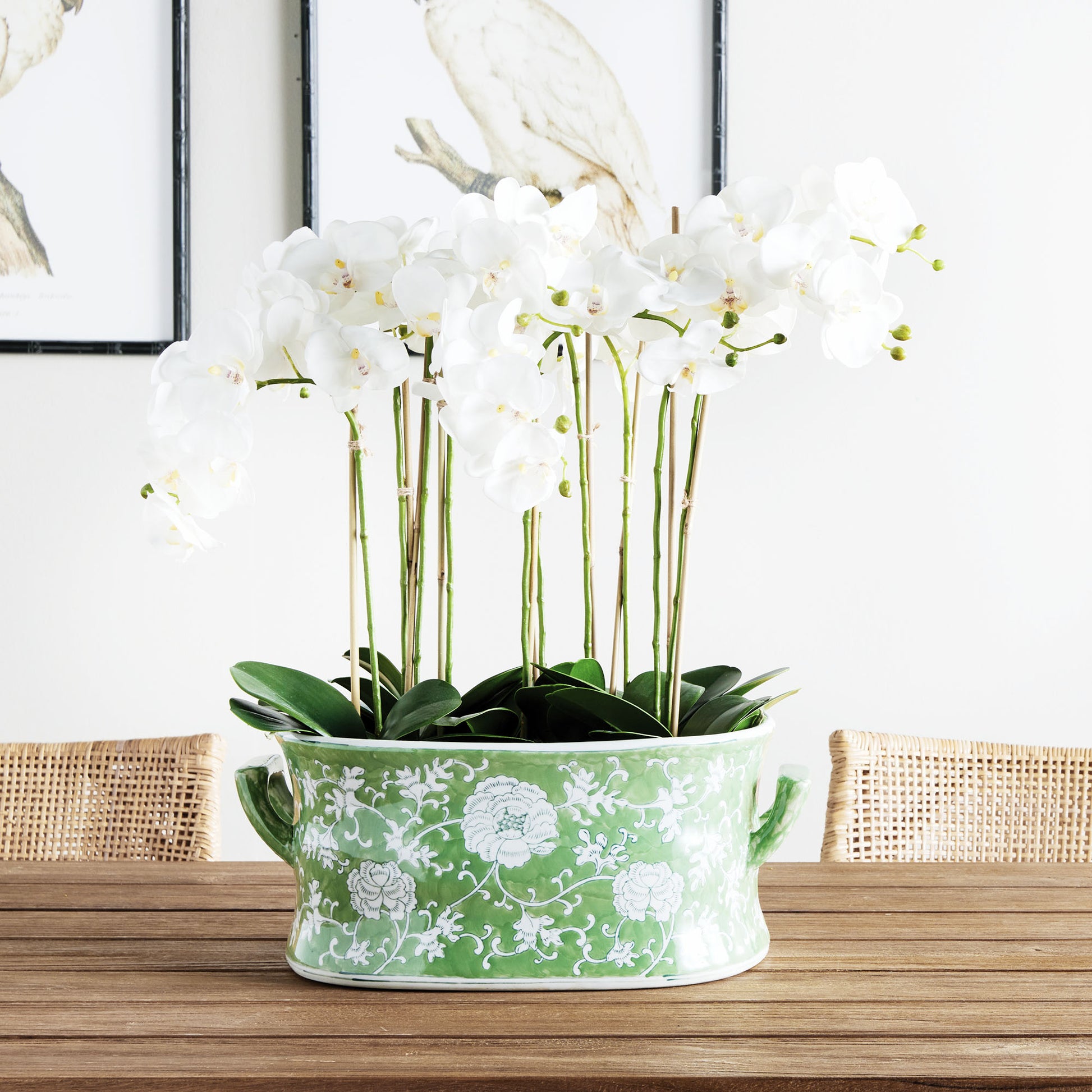 Chinoiserie green and white porcelain planter stylized with orchids on dining table.