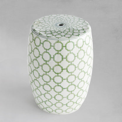 Chinoiserie green and white porcelain side table with gray background.