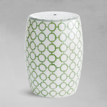 Chinoiserie green and white porcelain side table, side view, with gray background.