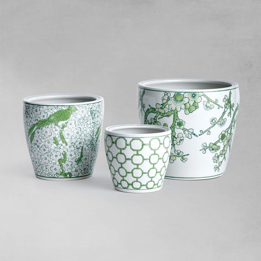 Chinoiserie green ceramic flower pots (set of 3) - stylish home accent (Image1).