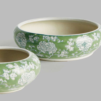 Chinoiserie green ceramic low pots (set of 2) - stylish home accent (Image6).