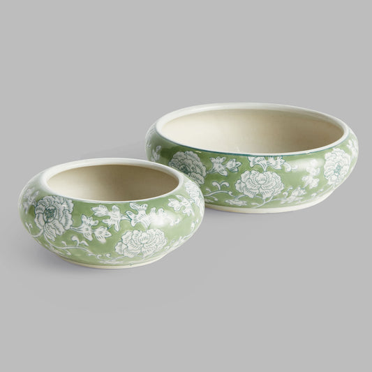 Chinoiserie green ceramic low pots (set of 2) - stylish home accent (Image7).
